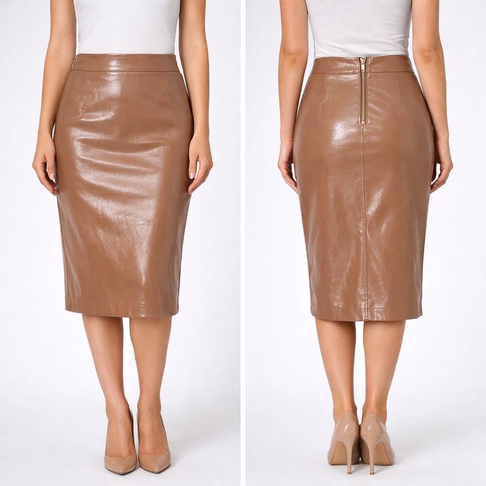 Cara Santana x Apt. 9 Pencil Skirt Size 4 Taupe Brown Glossy Vegan Leather Midi